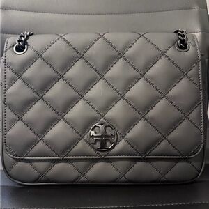 Tory Burch Willa Quilted Shoulder Bag in matte black, silver and black hardware